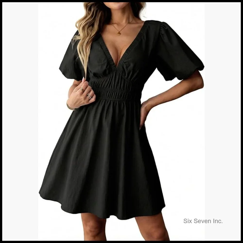 Summer Cotton Deep V Neck Puff Sleeve A-Line Mini Dress with Pockets - Picture 1 of 7